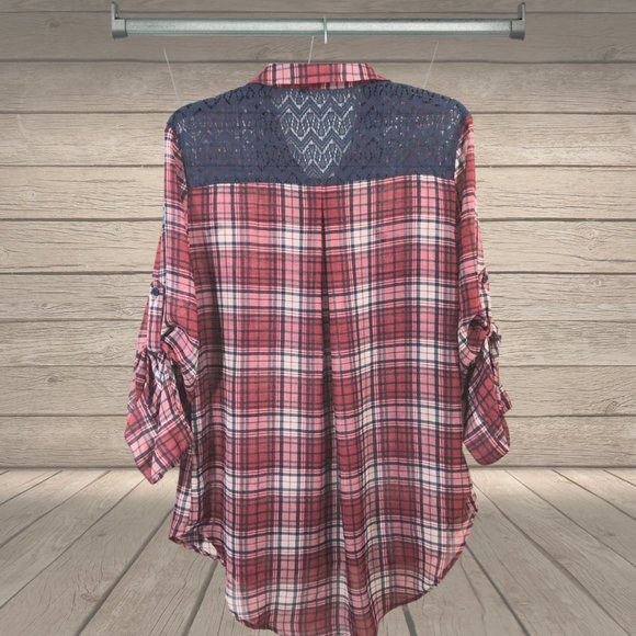 Xhilaration red and navy plaid sheer, long sleeved button-up shirt. - Picture 5 of 8